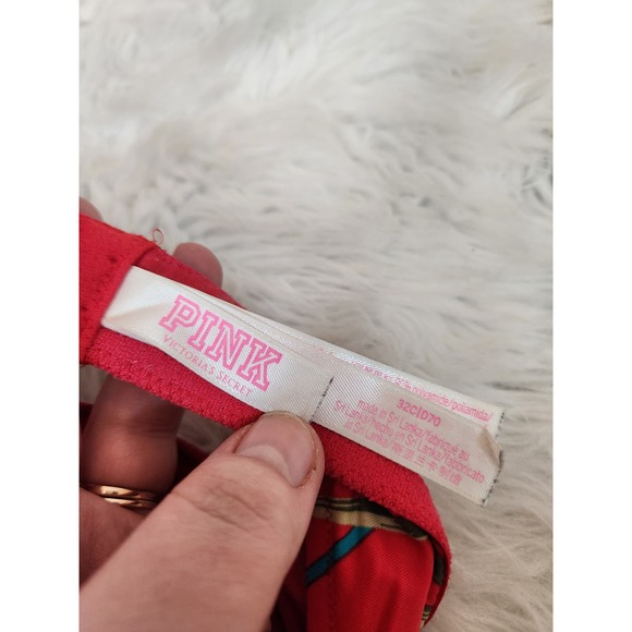 Pink Victoria's Secret Women's Red Printed Strapless Push Up Bikini Top Size 32C - Picture 3 of 3